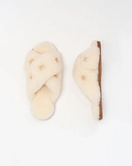 Beige Sheepskin Slippers with Rhinestones