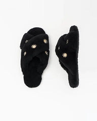 Black Sheepskin Slippers with Rhinestones