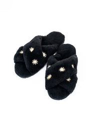 Black Sheepskin Slippers with Rhinestones